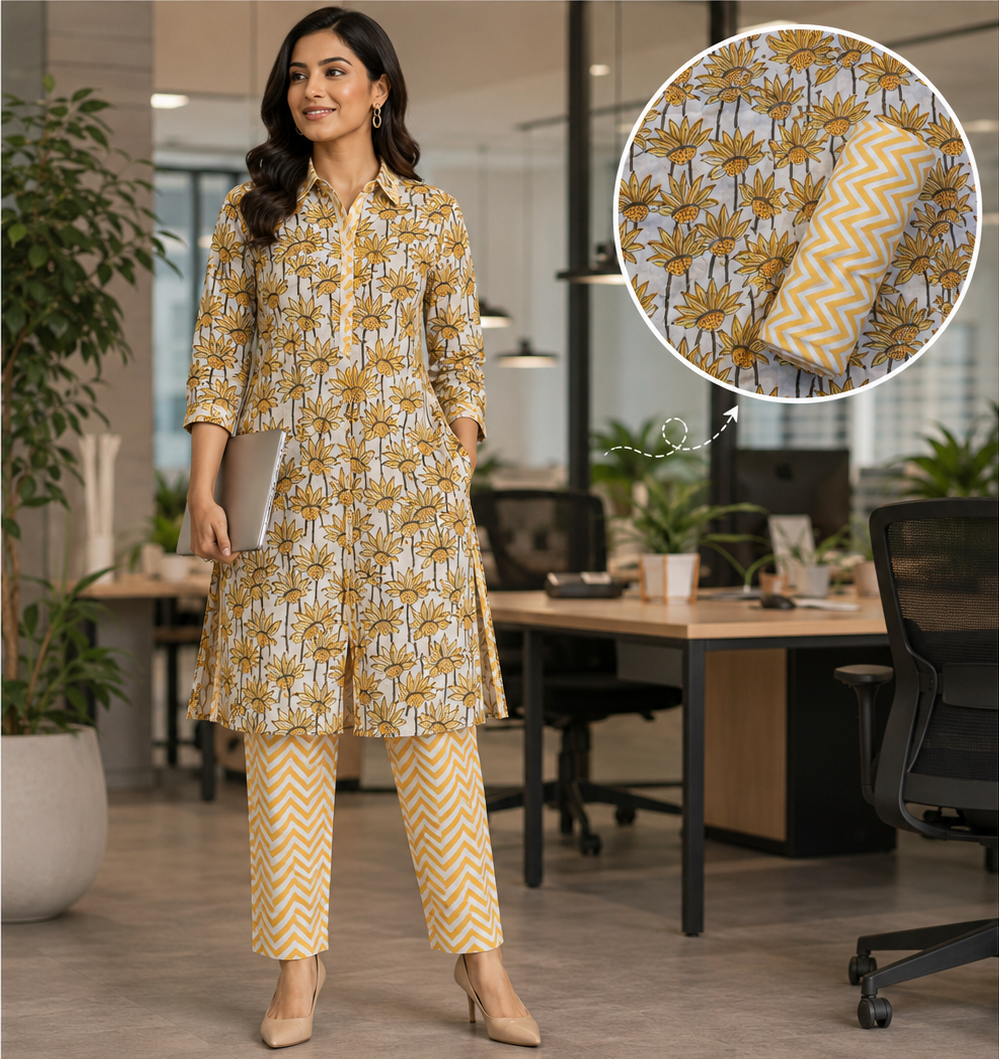Yellow Sunflower Block Printed Co-ord Set Fabric