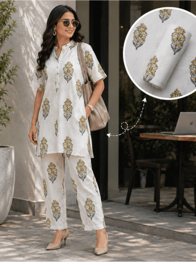 Yellow Grey Boota Hand Block Printed Co-ord Set Fabric