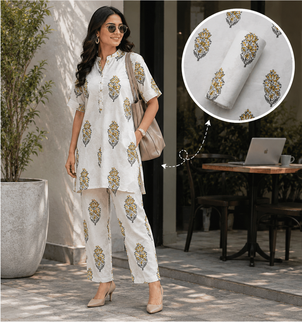 Yellow Grey Boota Hand Block Printed Co-ord Set Fabric
