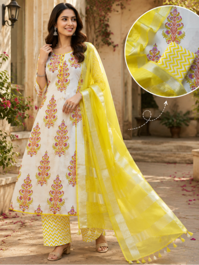 Magical Yellow Hand Block Printed Suit Fabric