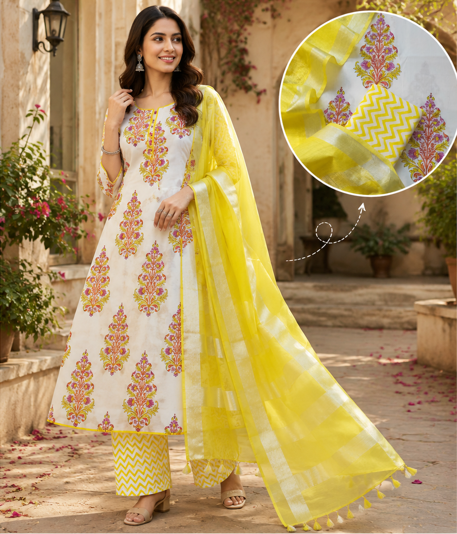 Magical Yellow Hand Block Printed Suit Fabric