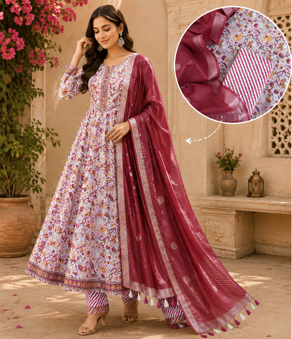 Magenta Jaal Hand Block Printed Suit Fabric