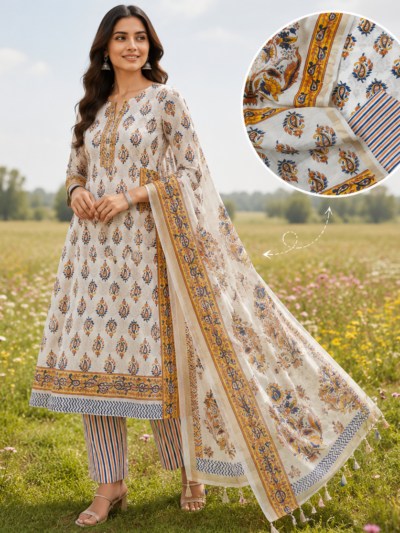 Orange Blue Booti Hand Block Printed Suit Fabric