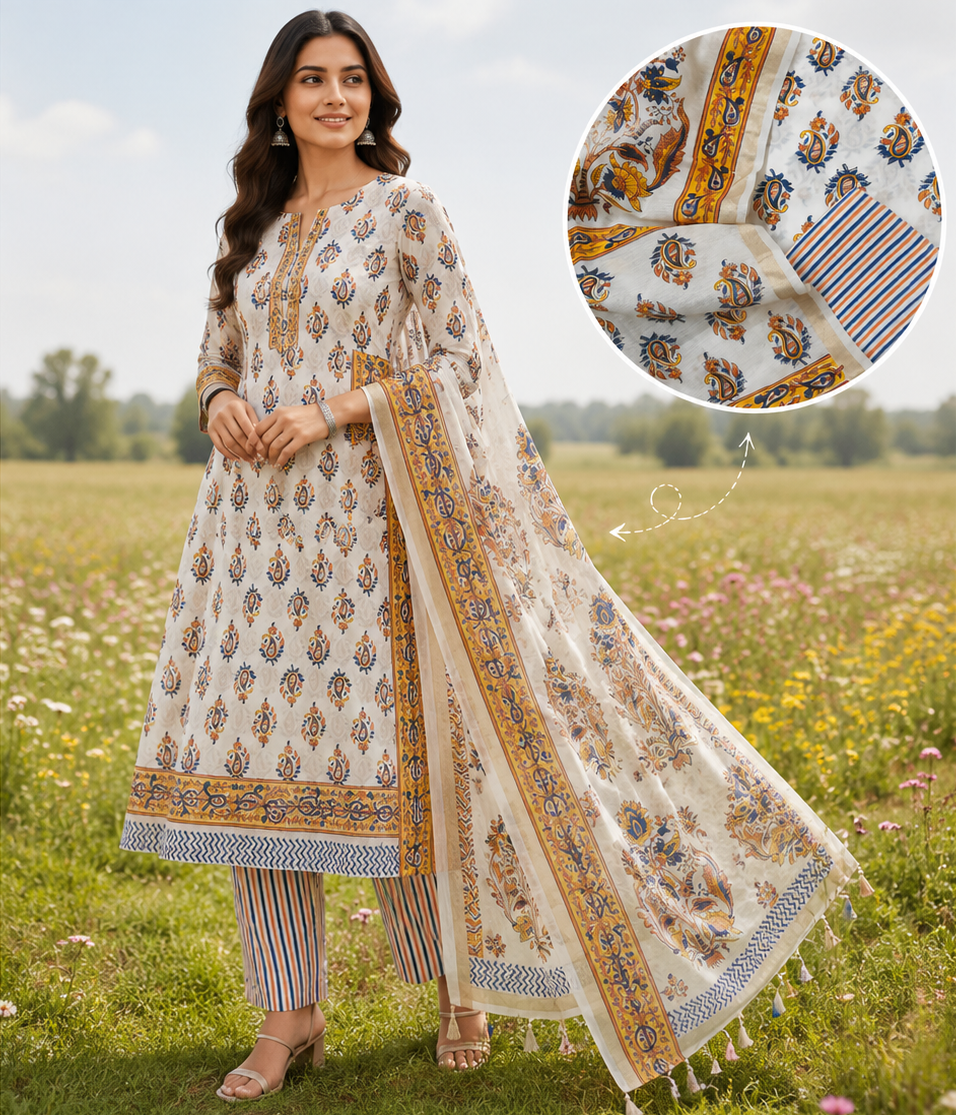 Orange Blue Booti Hand Block Printed Suit Fabric