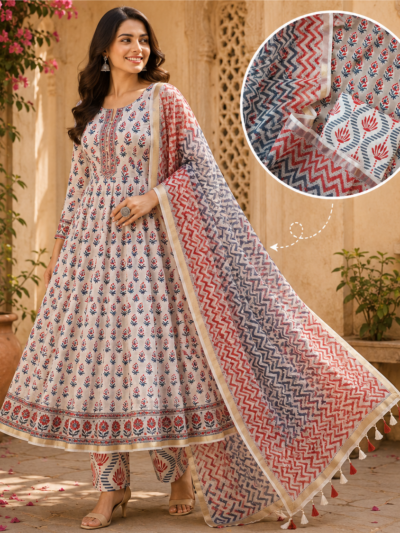 Bluish Grey Red Hand Block Printed Suit Fabric
