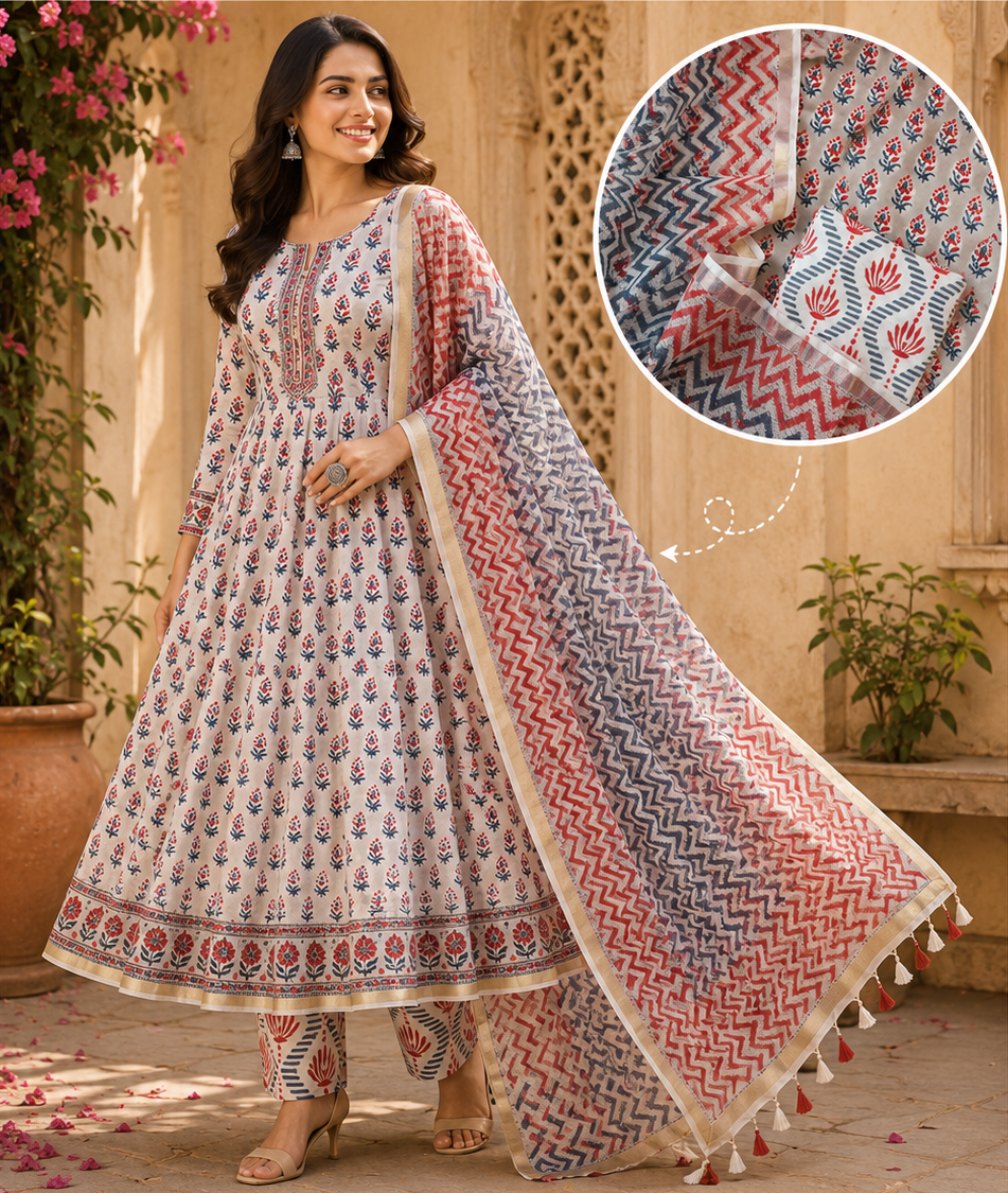 Bluish Grey Red Hand Block Printed Suit Fabric