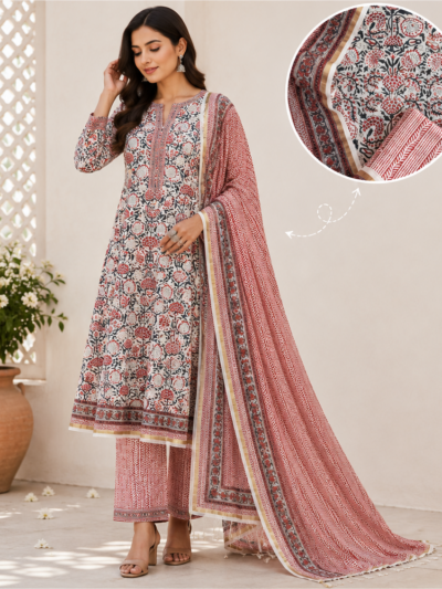 Red Grey Jaal Hand Block Printed Suit Fabric
