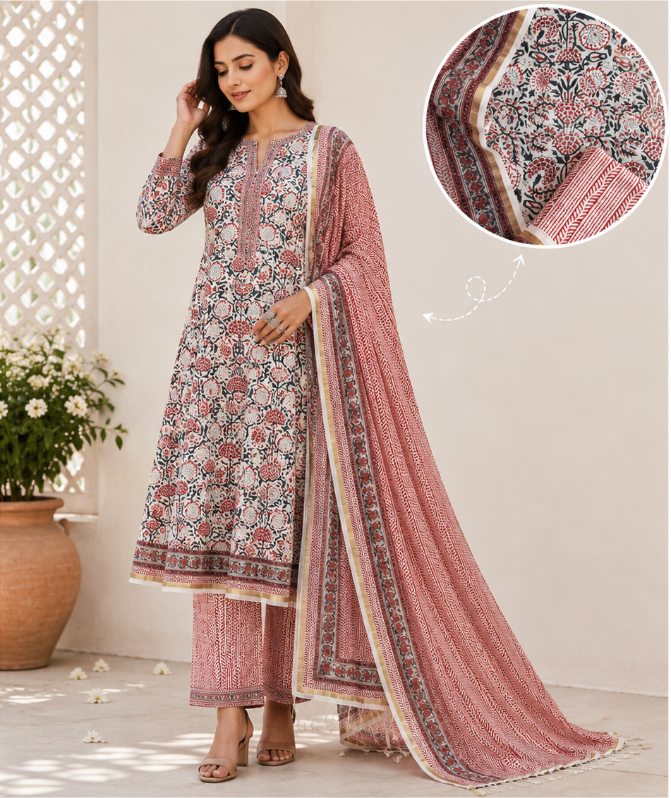 Red Grey Jaal Hand Block Printed Suit Fabric