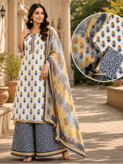 Yellow Booti Hand Block Printed Suit Fabric