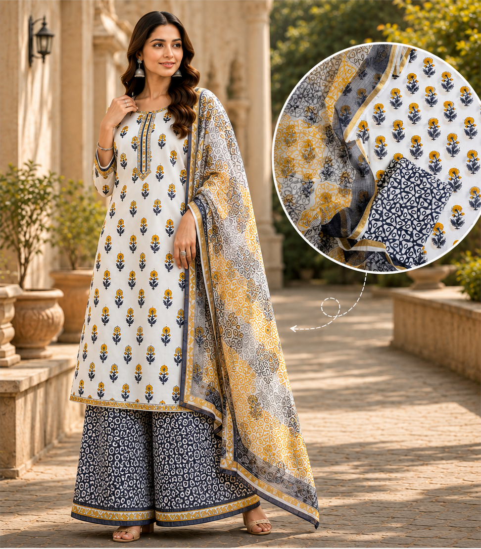 Yellow Booti Hand Block Printed Suit Fabric